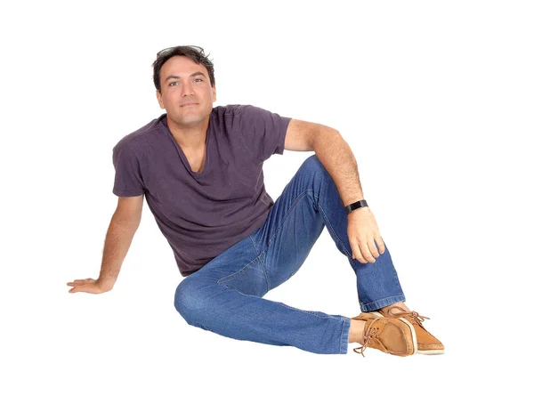 Young Slim Tall Man Jeans Shirt Sitting Floor Relaxin — Stock Photo, Image