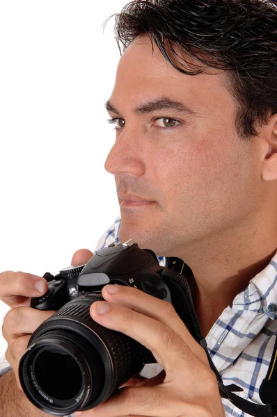 Ein Nahaufnahme Bild Eines Gutaussehenden Mannes Der Seine Kamera Bereit — Stockfoto