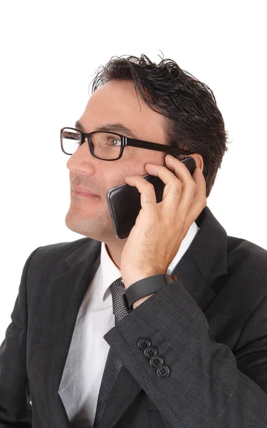 Handsome Business Man Standing Dark Suit Black Hair Talkin — Stock Photo, Image