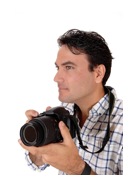 Close Image Handsome Man Holding His Camera Ready — Stock Photo, Image