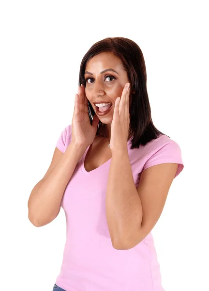 Surprised Young Woman Standing Her Hands Her Face — Stock Photo, Image