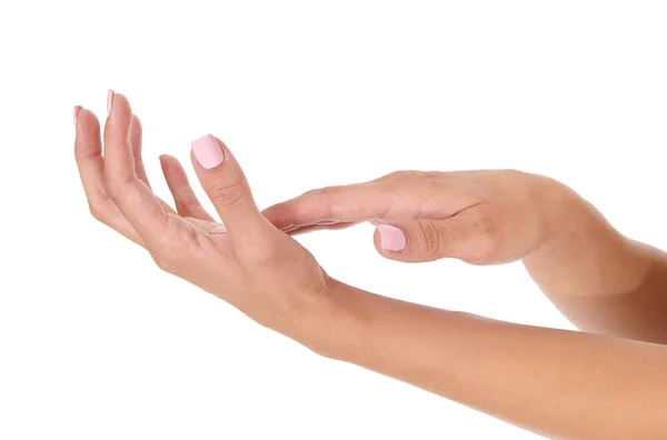 Close Duas Senhoras Mãos Com Unhas Dedo Rosa Polido Corpo — Fotografia de Stock