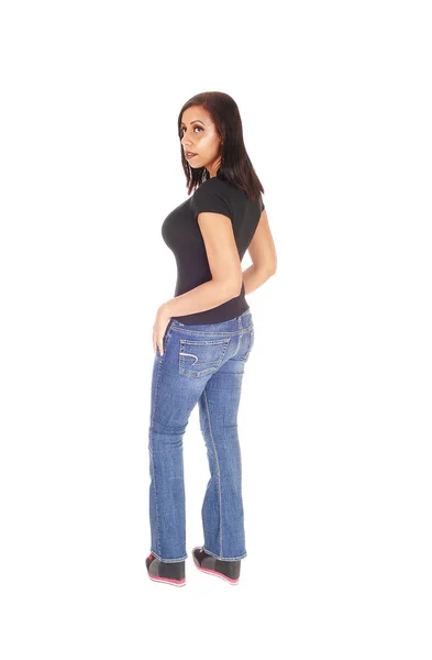 Jolie Jeune Femme Debout Profil Jeans Regardant Dessus Elle — Photo