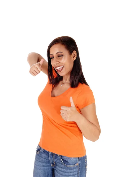 Happy Smiling Woman Standing Jeans Sweater Showing Wit — Stock Photo, Image