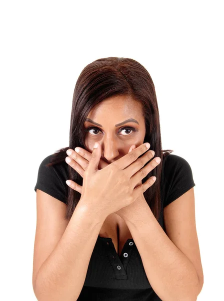 Scared Young Woman Holding Booths Hands Her Mouth Lookin — Stock Photo, Image