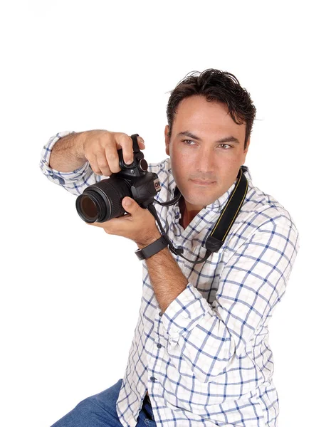 Uma Imagem Close Homem Bonito Segurando Sua Câmera Pronta Para — Fotografia de Stock
