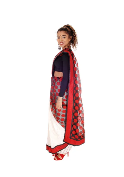 Een Mooie Lange Vrouw Een Kleurrijke Indische Saree Met Lange — Stockfoto