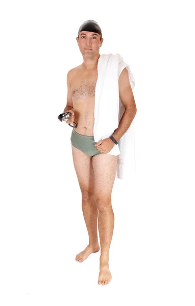 Uomo Alto Bello Con Costume Bagno Verde Piedi Dalla Fron — Foto Stock