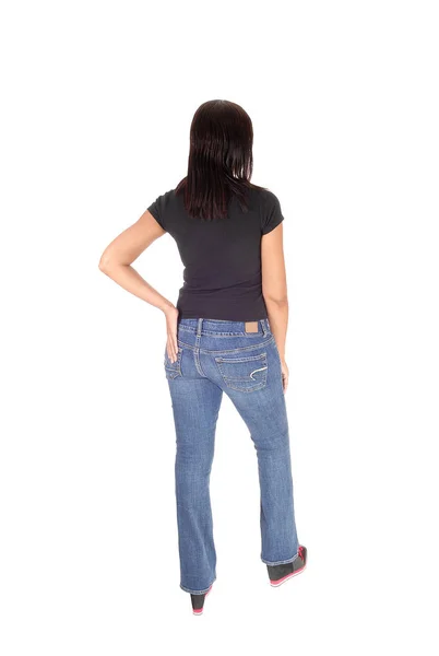 Young Pretty Woman Standing Back Jeans — Stock Photo, Image