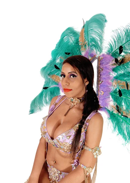 Uma Jovem Mulher Linda Uma Roupa Carnaval Colorido Com Penas — Fotografia de Stock