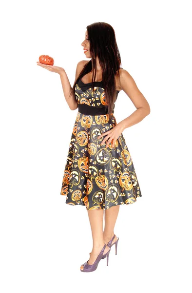 Beautiful Woman Halloween Dress Holding Small Pumpkin — Stock Photo, Image