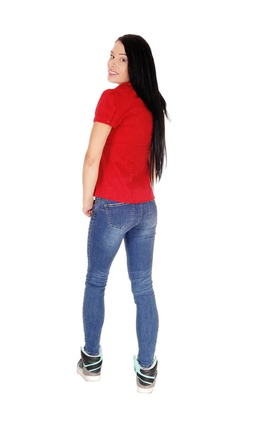 Милая Молодая Женщина Длинными Черными Волосами Красной Блузке — стоковое фото