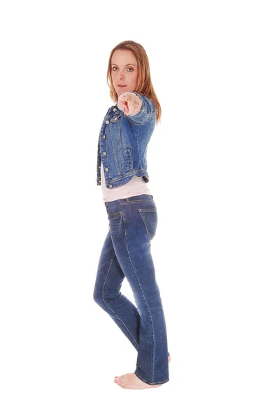 Young Woman Standing Jeans Jeans Jacket Bare Feet Pointin — Stock Photo, Image