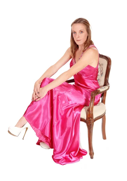 Lovely Young Woman Sitting Long Pink Evening Gown — Stock Photo, Image