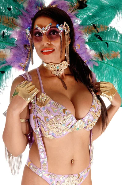 Uma Bela Jovem Mulher Uma Roupa Carnaval Com Grande Pena — Fotografia de Stock