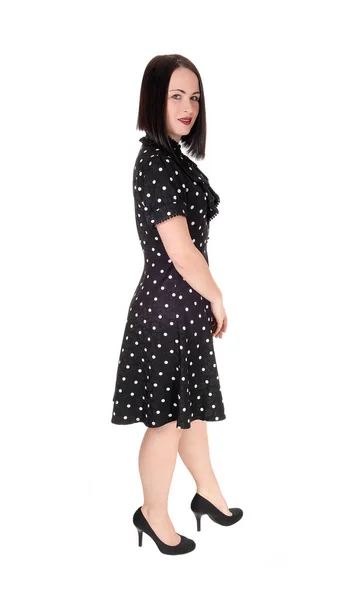 Lovely Young Woman Standing Pock Dot Dress Profile Hig — Stock Photo, Image