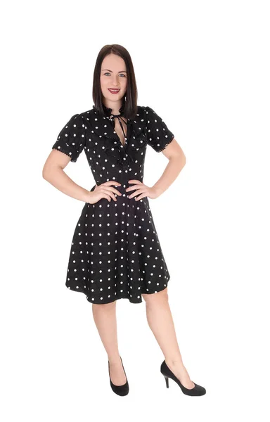 Lovely Young Woman Standing Pock Dot Dress Front — Stock Photo, Image