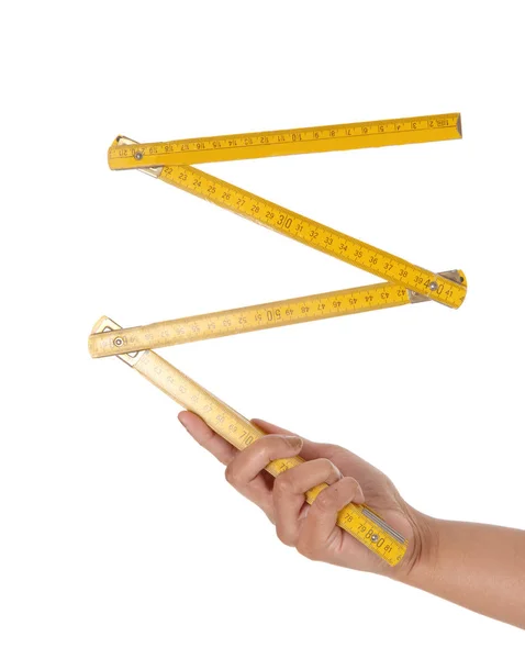 Close Image Hand Holding European Yellow Wood Ruler — Stock Photo, Image