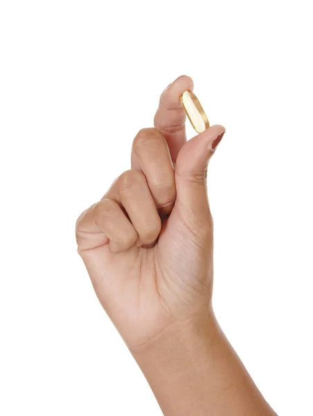 Close Hand Woman Holding Yellow Vitamin Pil — Stock Photo, Image