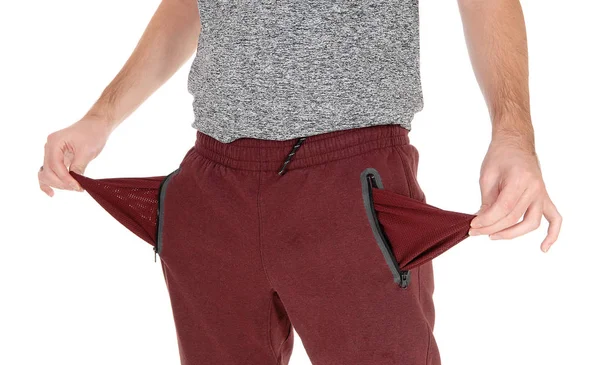 Burgundy Track Pants Young Man Empty Pockets Pulled — Stock Photo, Image