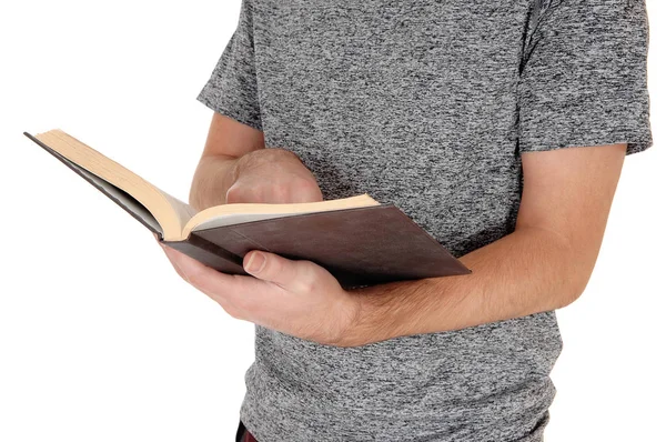 Middle Body Part Young Man Standing Reading His Book — Stock Photo, Image