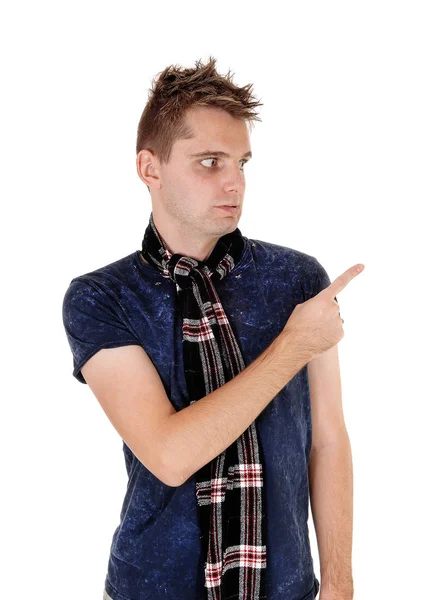 Young Very Angry Man Standing Pointing His Finger Sid — Stock Photo, Image