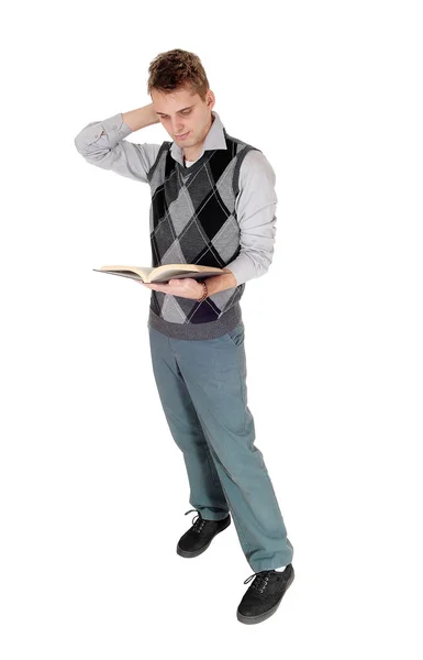 Full Body Image Young Man Standing Reading His Book Wit — Stock Photo, Image