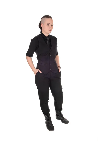 Une Jeune Belle Femme Debout Dans Une Chemise Noire Pantalon — Photo