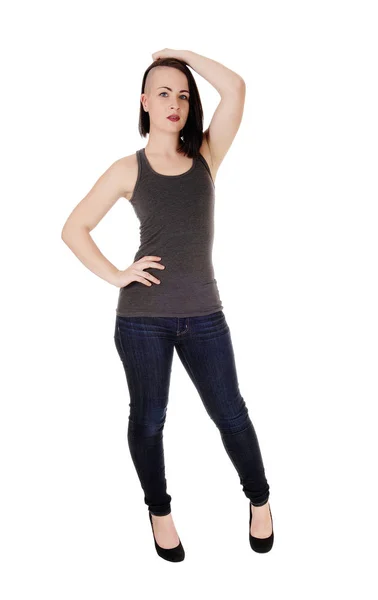 Uma Jovem Mulher Magra Jeans Shirt Com Uma Mão — Fotografia de Stock