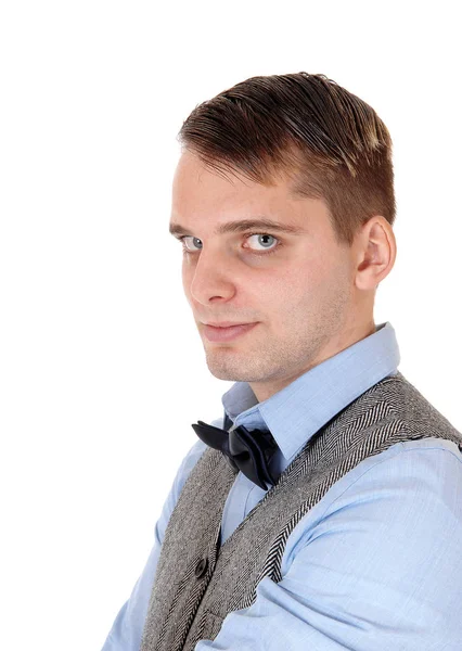 Close Portrait Image Young Serious Man Gray Vest — Stock Photo, Image