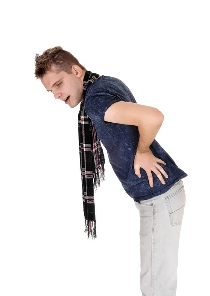 Slim Young Man Standing Holding His Back Heavy Pain — Stock Photo, Image