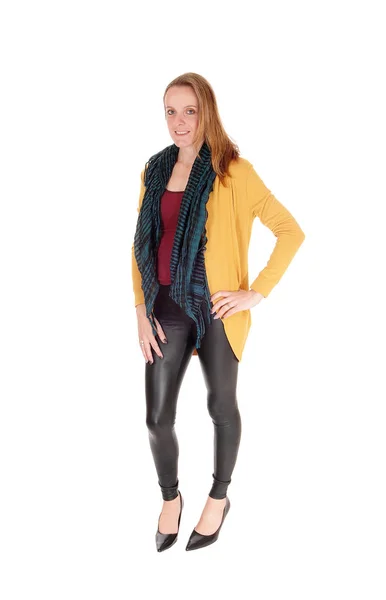 Tall Slim Woman Standing Black Leather Pants High Heels — Stock Photo, Image