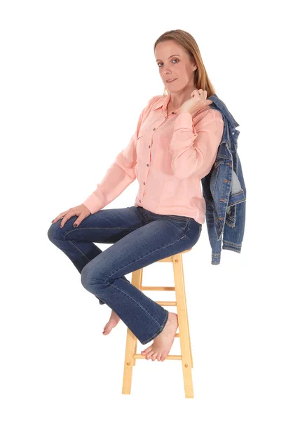 Young Slim Woman Sitting Bare Feet Chair Jeans Her Jean — Stock Photo, Image