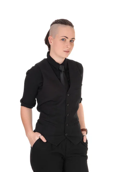 Una Splendida Giovane Donna Camicia Nera Cravatta Haircu Fantasia — Foto Stock