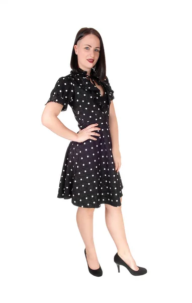 Lovely Young Woman Standing Pock Dot Dress Front — Stock Photo, Image