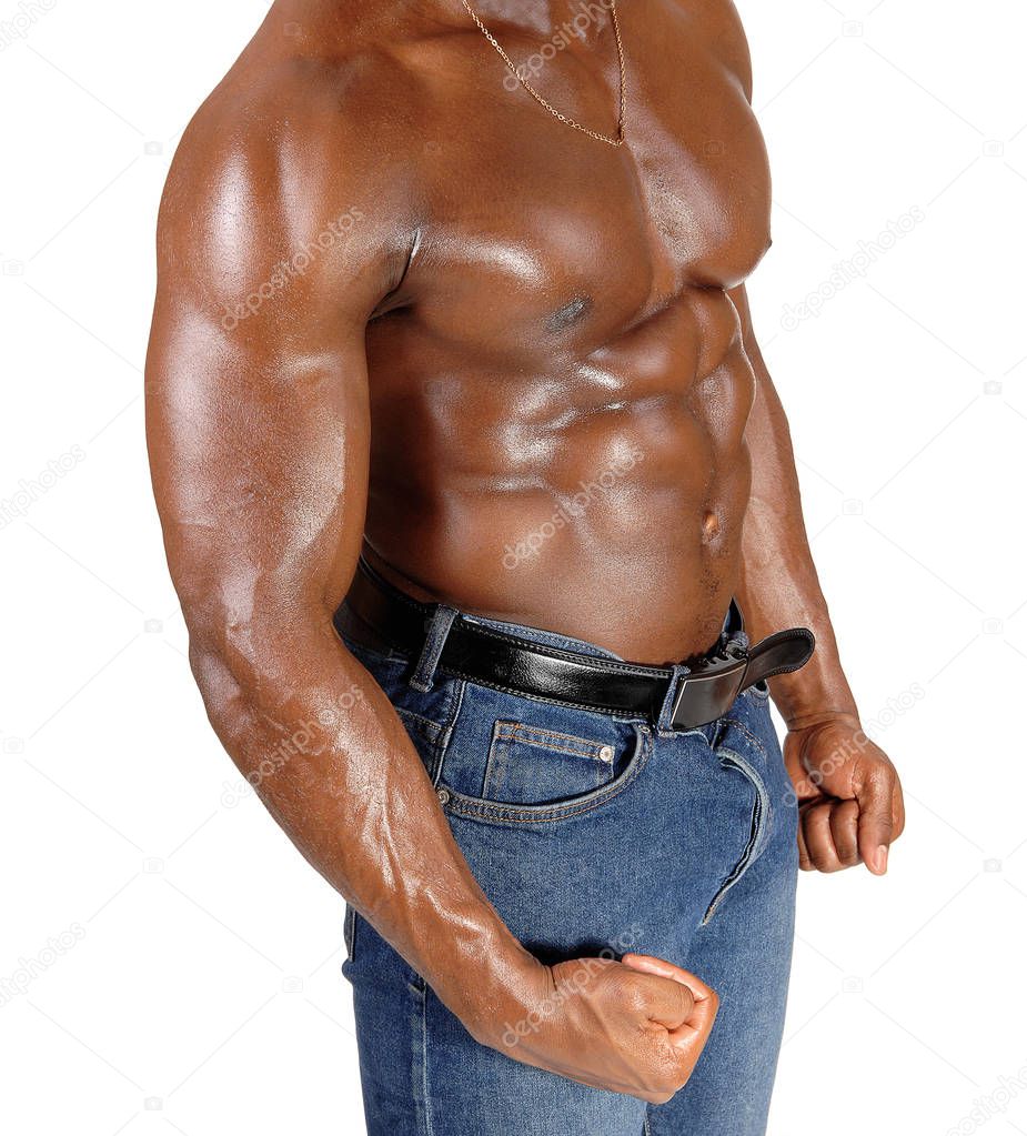 The close up torso of a black man bodybuilder