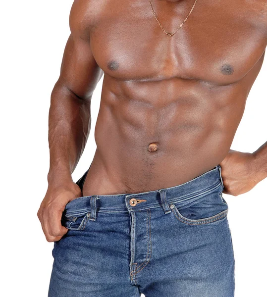 Il busto da vicino di un bodybuilder nero in jeans — Foto Stock