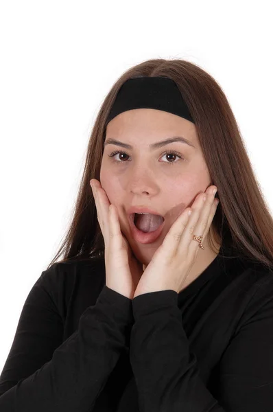Chica sorprendida sosteniendo sus manos en su cara —  Fotos de Stock