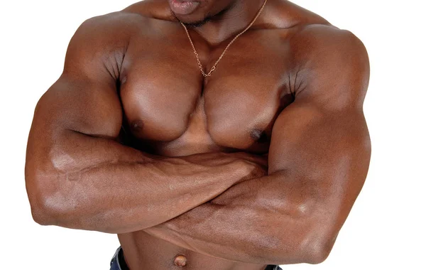 Den närbild svettig torso av en svart man bodybuilder — Stockfoto