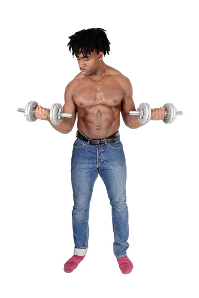 A black man working out with two dumbbell — Stock Photo, Image