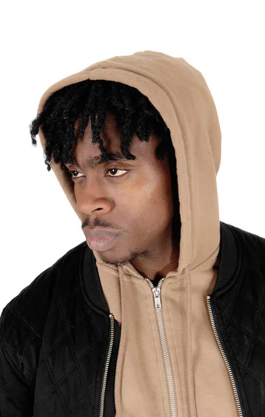 Young African man in a closeup image with a hoody — Stock Photo, Image