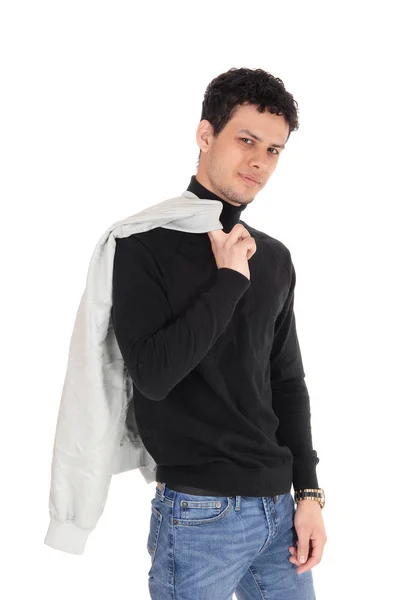 그의 어깨에 재킷을 가진 젊은 남자의 클로즈업 — 스톡 사진