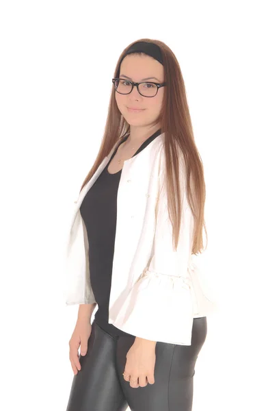 Lovely young teenage girl standing in profile with glasses — Stock Photo, Image