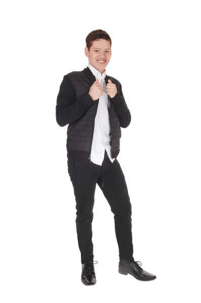 Sorridente felice adolescente ragazzo in piedi in studio — Foto Stock