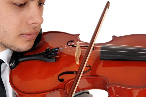 Very close up of young man playing the violin — Stock Photo, Image