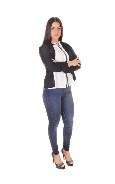 Vacker Ung Kvinna Som Står Jeans Och Svart Jacke — Stockfoto