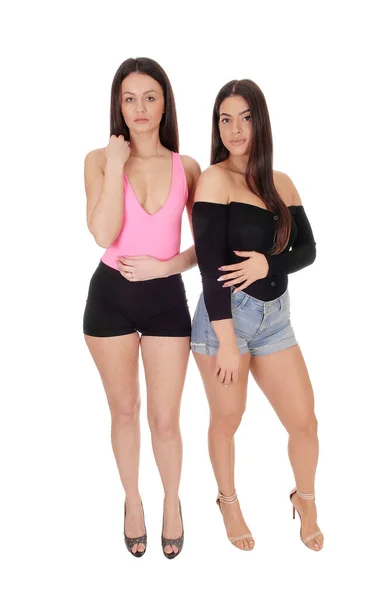 Two Happy Young Slim Women Standing Studio Shorts Royalty Free Stock Photos