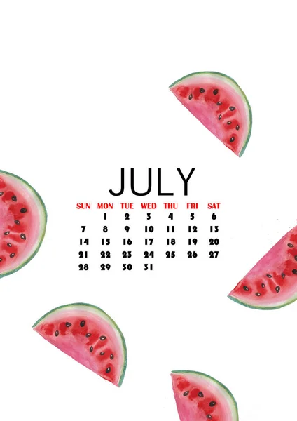 Helle Wassermelonen Auf Weißem Hintergrund Juli 2019 Kalender — Stockfoto
