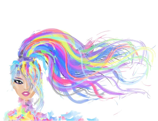 Krásná Dívka Neobvyklou Barevné Pulzující Malované Vlasy Duhovými Barvami Izolované — Stock fotografie