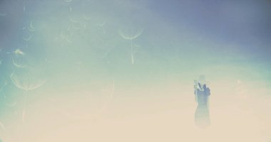 Açık alan üzerinde gökyüzü güzel karahindiba ile soyut kıza 3d render